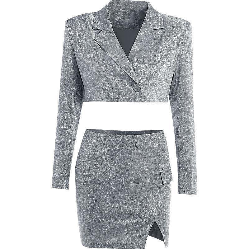 cutout v-neck shiny knit top and split skirt set, view 3 - MRSLM