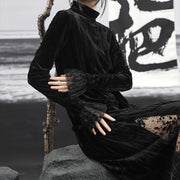 retro velvet mesh slim black dress - MRSLM