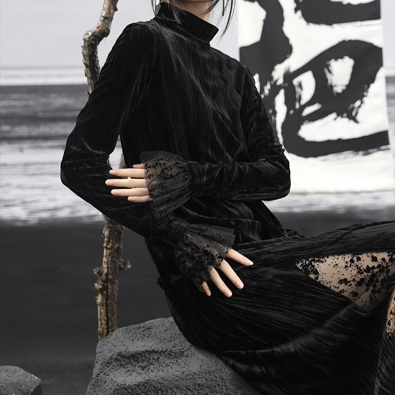 retro velvet mesh slim black dress - MRSLM
