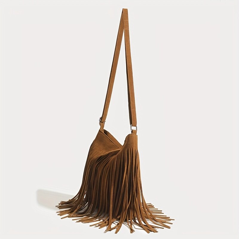 vintage faux suede fringe crossbody bag, view 6 - MRSLM