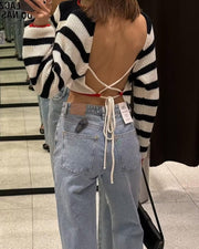 Women's lace-up striped plaid sweater, view 6 - MRSLM
