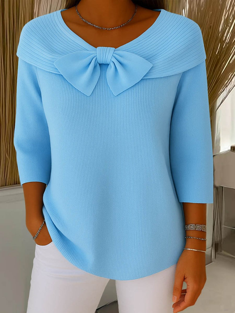 knitted bow solid color sweater, view 9 - MRSLM