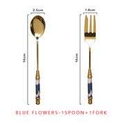 vintage gold ceramic dessert fork and spoon set, view 6 - MRSLM