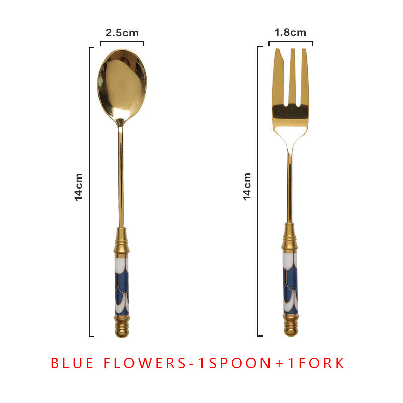 vintage gold ceramic dessert fork and spoon set, view 6 - MRSLM