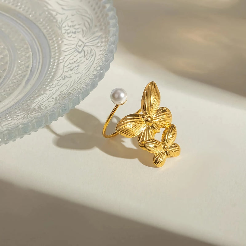 18K PVD Plated Stainless Steel Double Butterfly Pearl Asymmetrical Ring