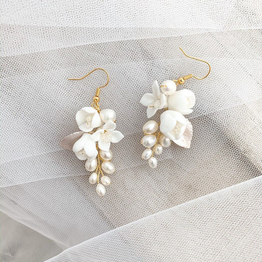 white ceramic flower ear hook earrings - MRSLM