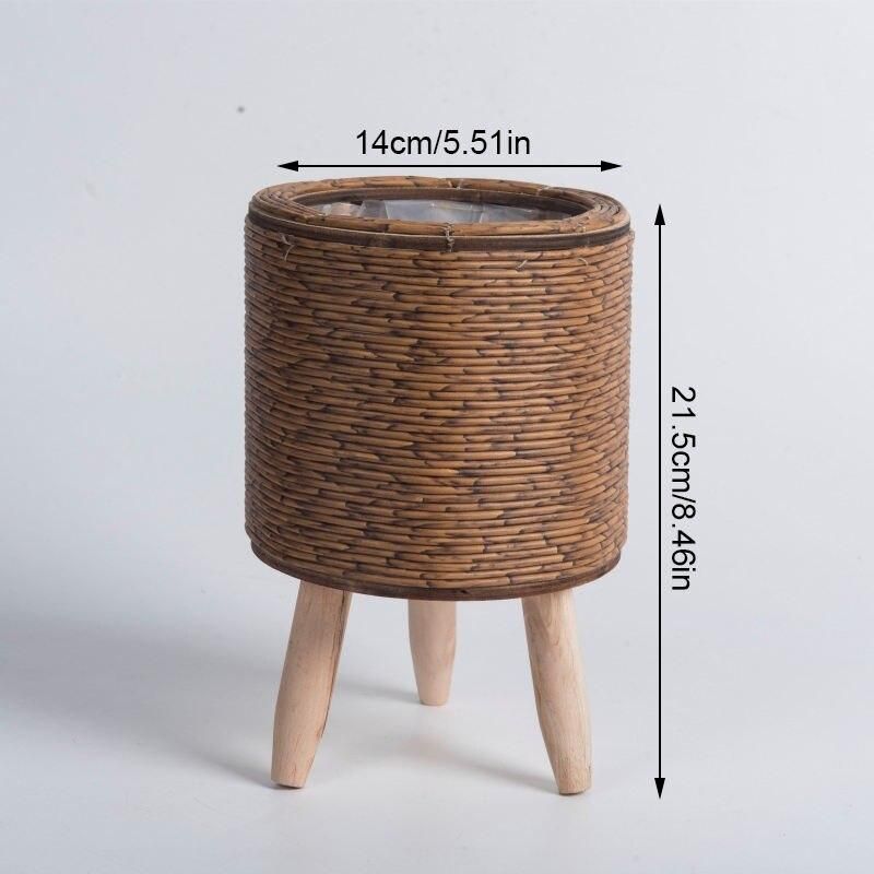 nordic woven plant stand with wooden legs, view 5 - MRSLM