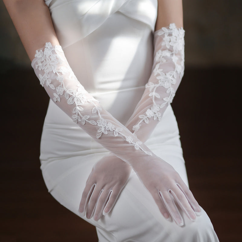 ivory white mesh long gloves, view 7 - MRSLM