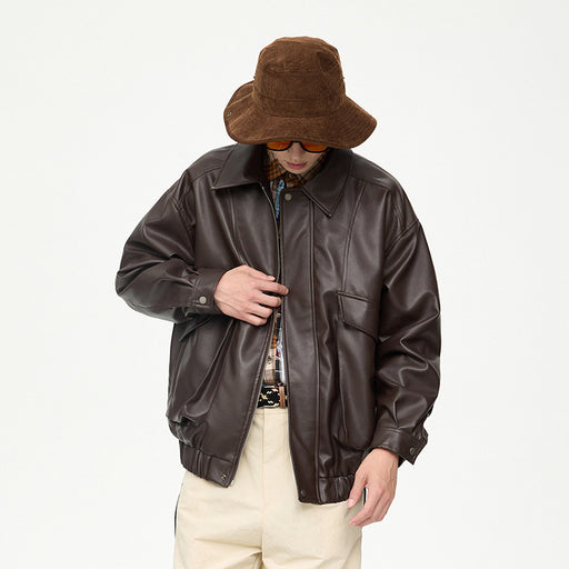 retro lapel pu leather jacket men - MRSLM