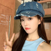 retro ripped denim beret, view 6 - MRSLM