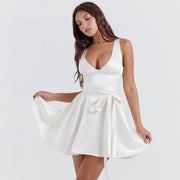 white backless satin mini dress with belt, view 11 - MRSLM