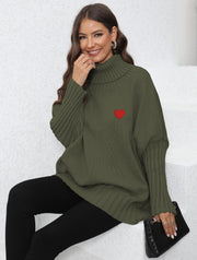 women's loose turtleneck sweater with heart patches, view 7 - MRSLM