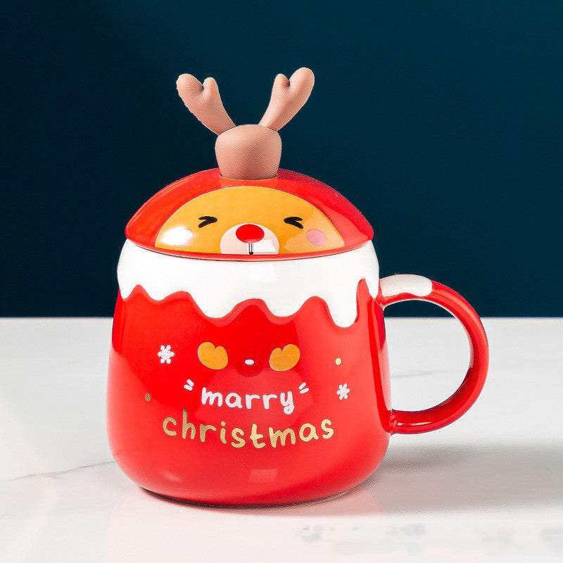 Christmas reindeer ceramic mug with lid and spoon, view 6 - MRSLM