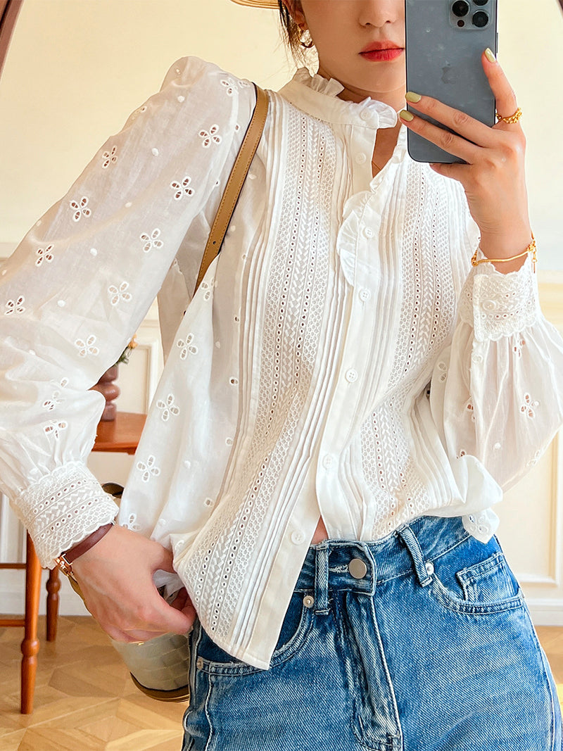 women's french puff sleeve embroidered cotton shirt, view 10 - MRSLM