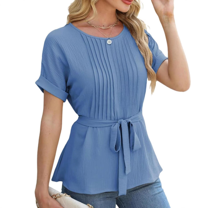Women's ruffled pleated round neck top, view 6 - MRSLM