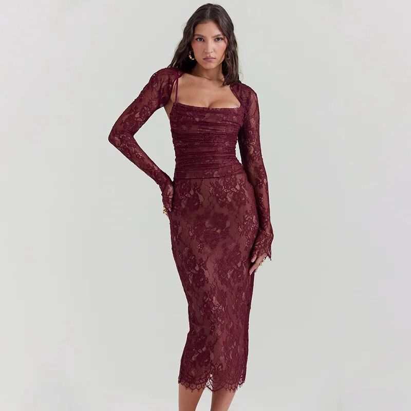 spaghetti strap lace bodycon dress, view 3 - MRSLM