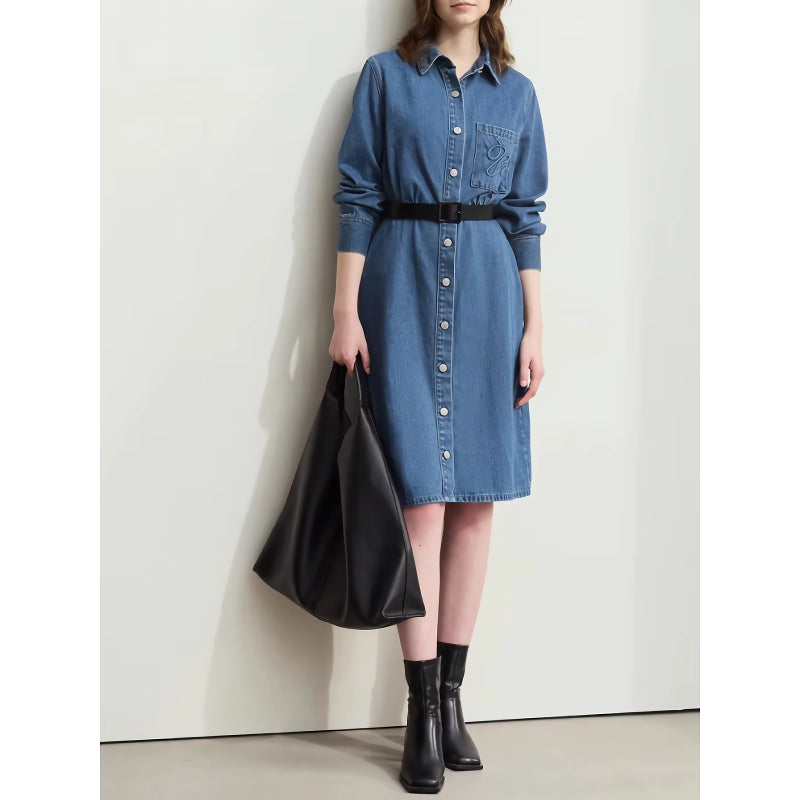 denim shirt dress with lapel collar, view 3 - MRSLM