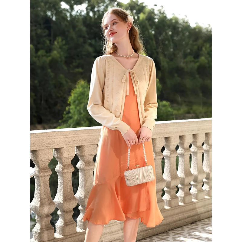 apricot V-neck knit cardigan, view 5 - MRSLM