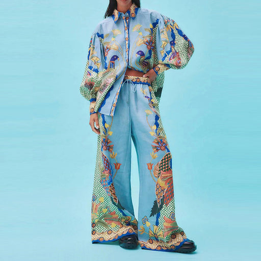 french retro printed shirt and trousers set - MRSLM