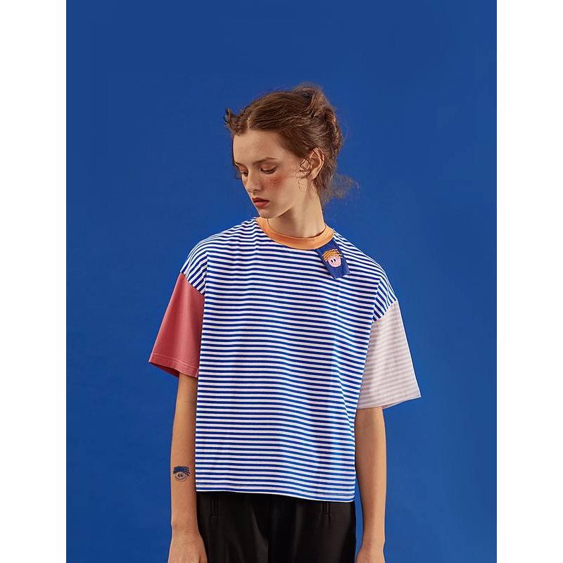 striped cartoon patch t-shirt, view 3 - MRSLM