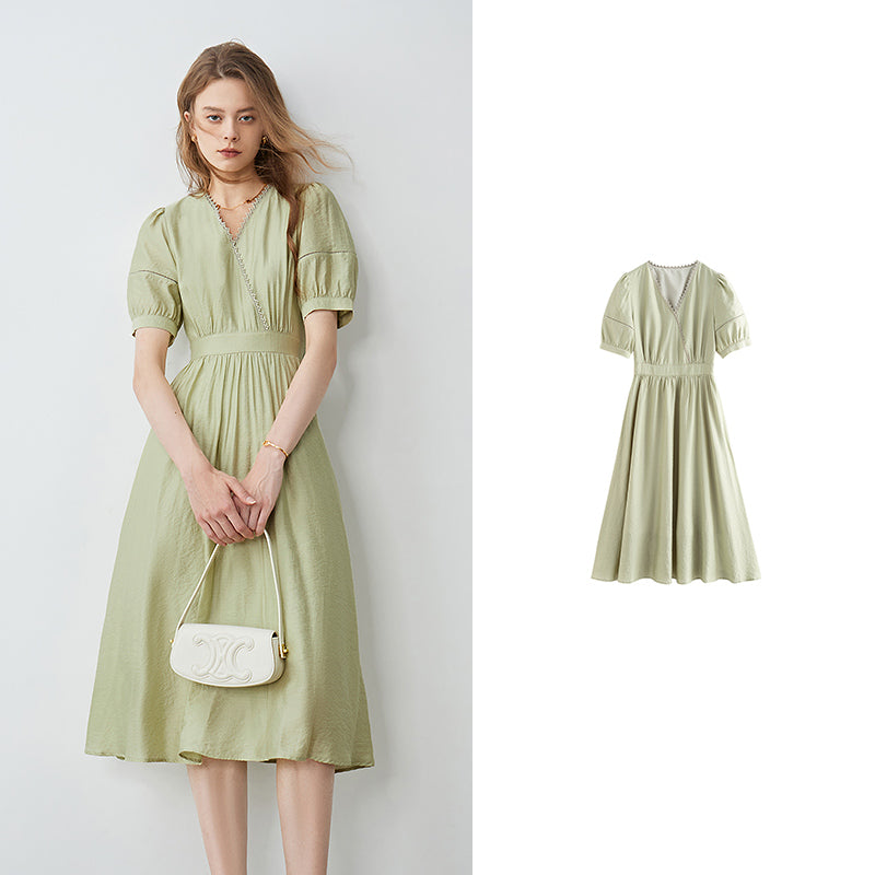 lace V-neck bubble sleeve dress, view 2 - MRSLM