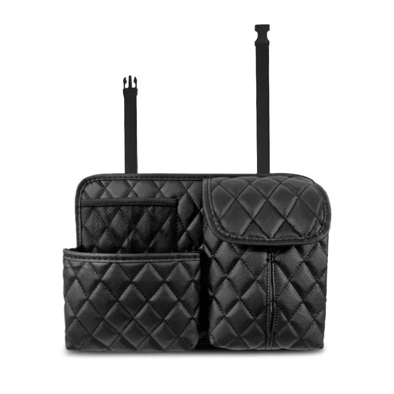 leather car seat back organizer with phone and umbrella holder, view 2 - MRSLM