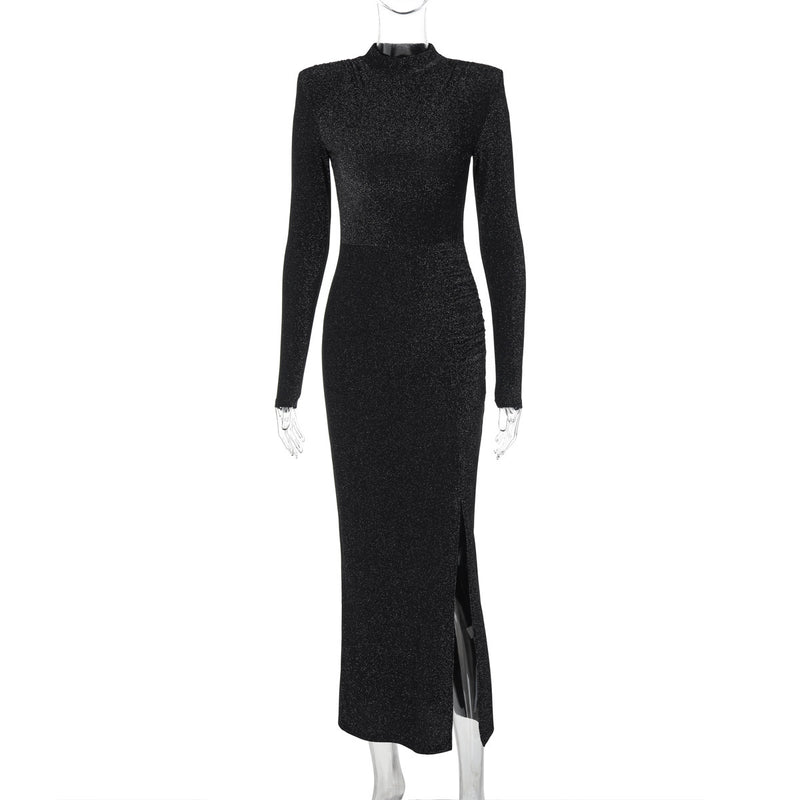 black round neck slit dress, view 6 - MRSLM