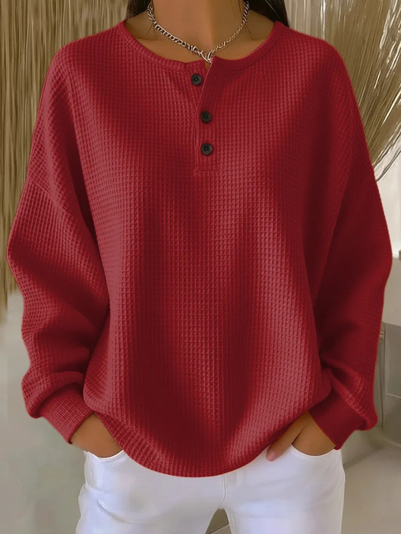 Waffle Long-sleeved T-shirt Fashion Solid Color Buttons Round Neck Pullover Top Women's Clothing