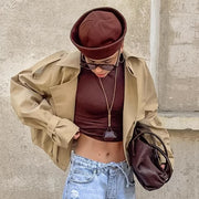 women's khaki double-breasted blazer collar coat, view 2 - MRSLM