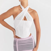 halter neck backless lace tank top, view 2 - MRSLM