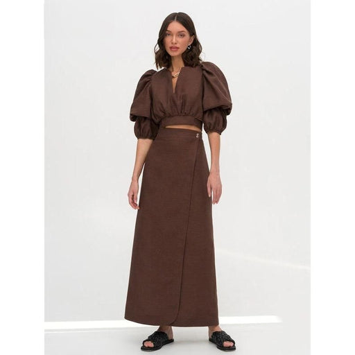 linen two-piece set with crop shirt and skirt, view 3 - MRSLM
