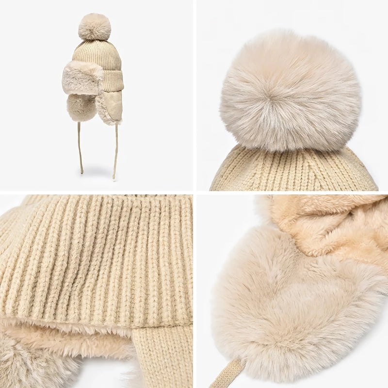 Women's faux fur knitted beanie with earflaps, view 10 - MRSLM