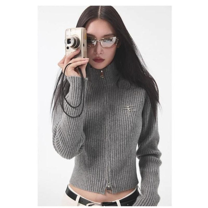 Y2K Gyaru Grey Zipper Cardigan