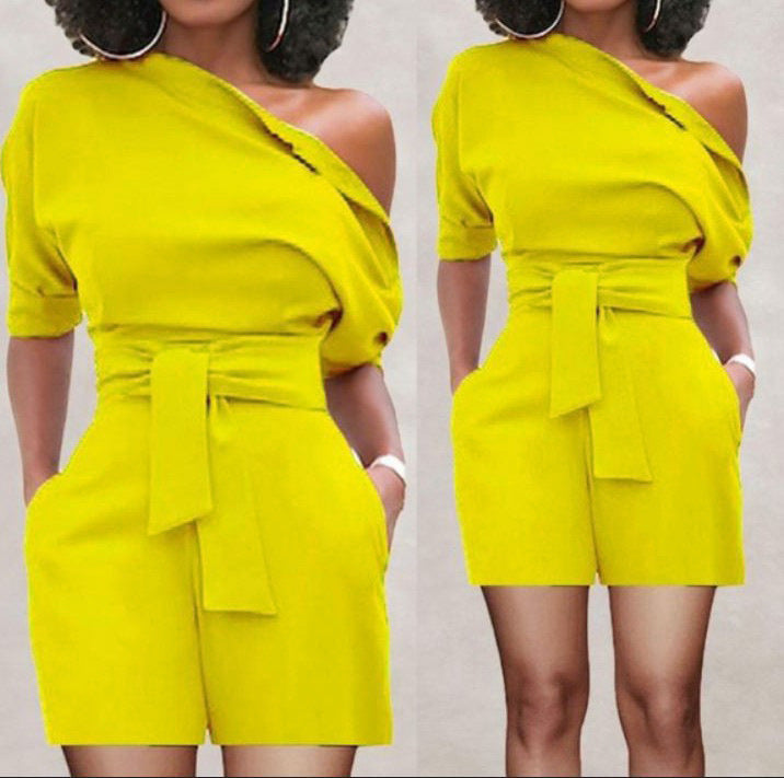 women's shoulder button one-piece shorts romper, view 3 - MRSLM