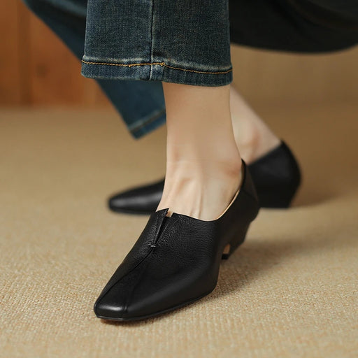 genuine leather women's low heel square toe shoes - MRSLM