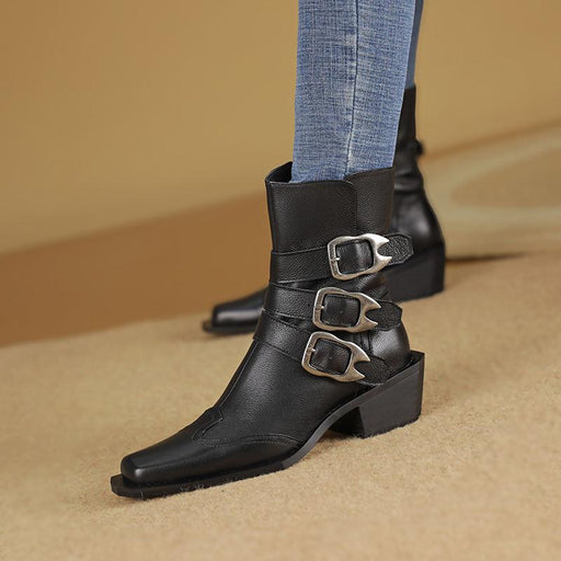 genuine leather square toe chunky heel ankle boots - MRSLM