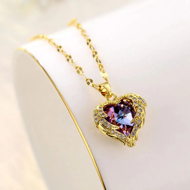 golden ocean heart titanium steel necklace, view 3 - MRSLM