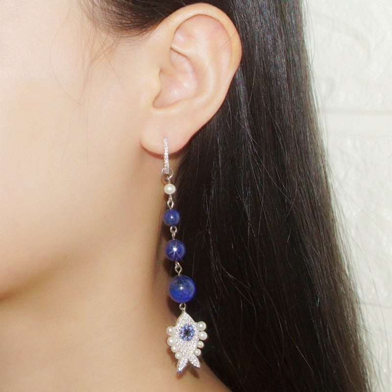 turquoise lapis lazuli fish earrings, view 6 - MRSLM