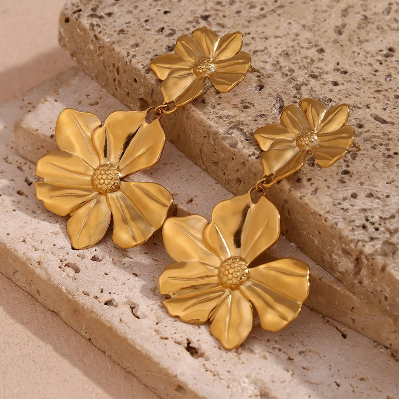 gold plated two flower drop earrings, view 7 - MRSLM