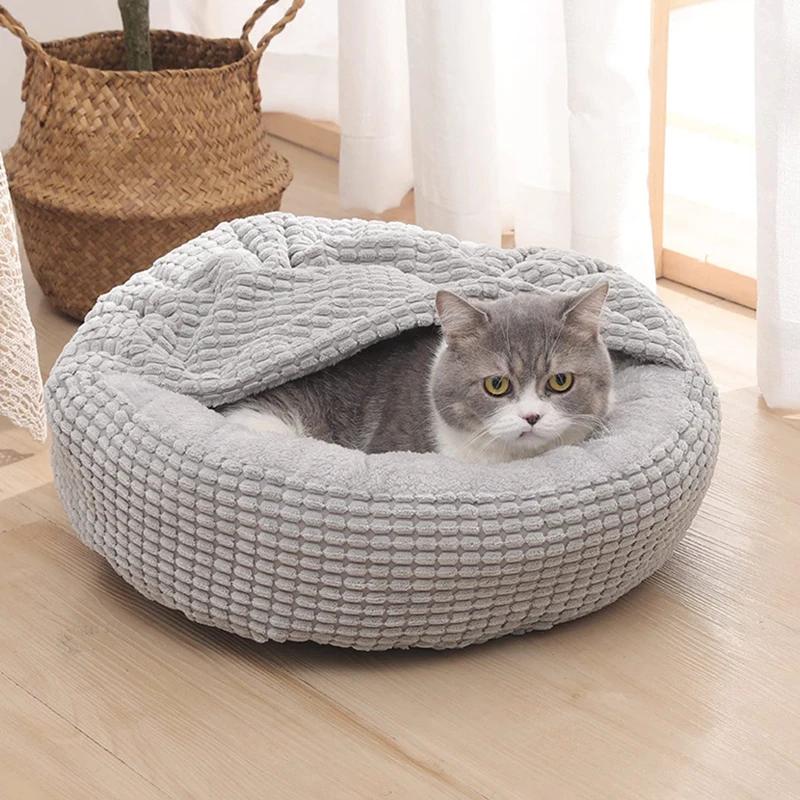 cozy hooded fluffy round pet bed, view 4 - MRSLM