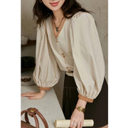 retro v-neck lantern sleeve shirt, view 4 - MRSLM