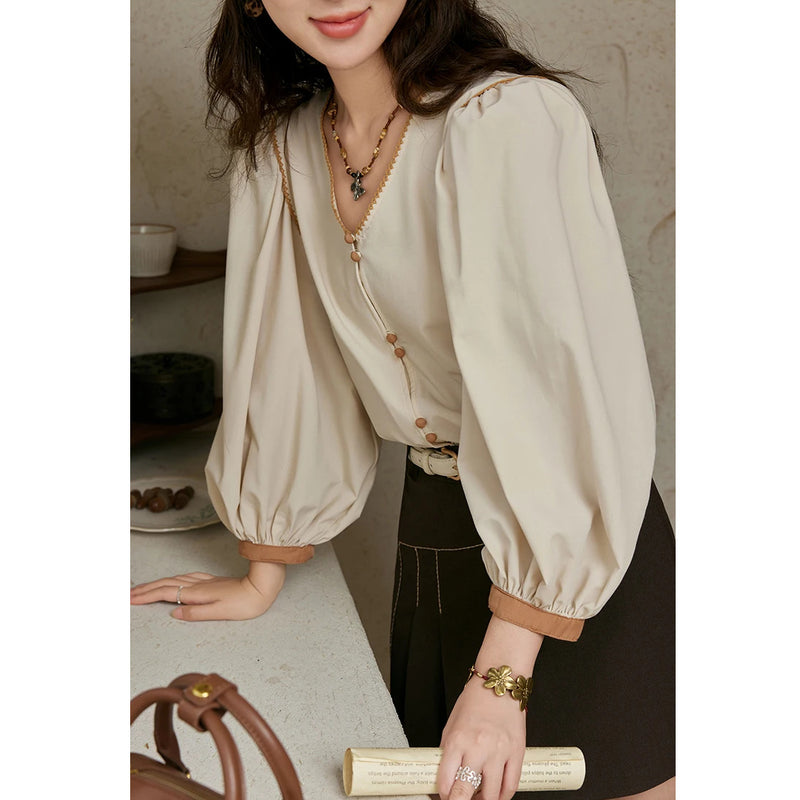 retro v-neck lantern sleeve shirt, view 4 - MRSLM