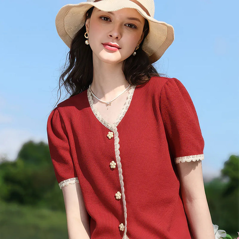 women's lace V-neck blouse, view 3 - MRSLM