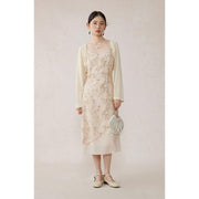 floral A-line midi dress with lace details, view 3 - MRSLM