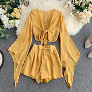 bell sleeve chiffon shirt and wide leg shorts set, view 4 - MRSLM