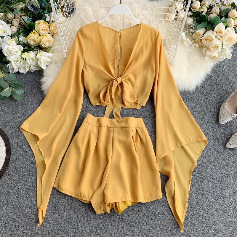 bell sleeve chiffon shirt and wide leg shorts set, view 4 - MRSLM