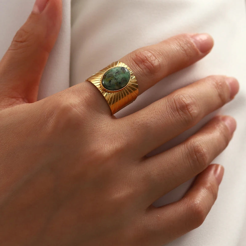gold plated turquoise stone adjustable ring, view 4 - MRSLM