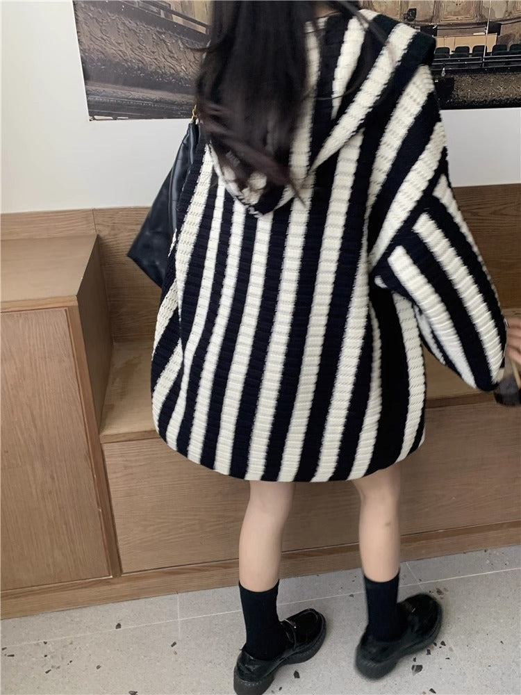 women's striped hooded v-neck cardigan, view 6 - MRSLM