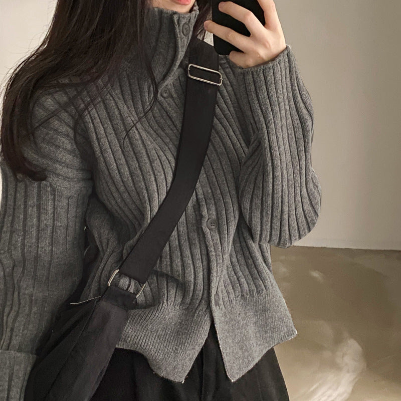 women's high neck ribbed cardigan sweater, view 7 - MRSLM