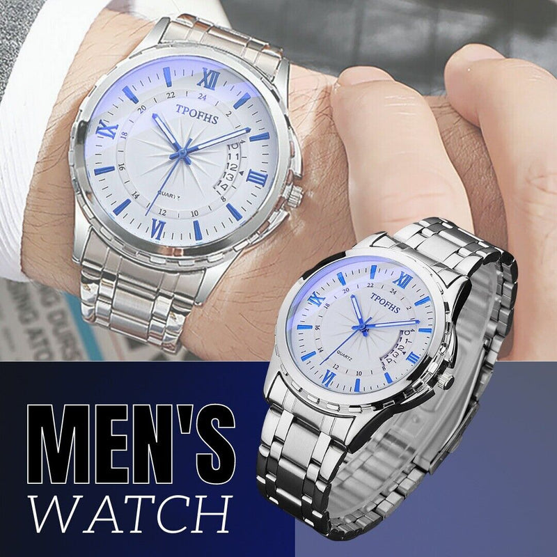 classic men's silver stainless steel quartz watch, view 5 - MRSLM